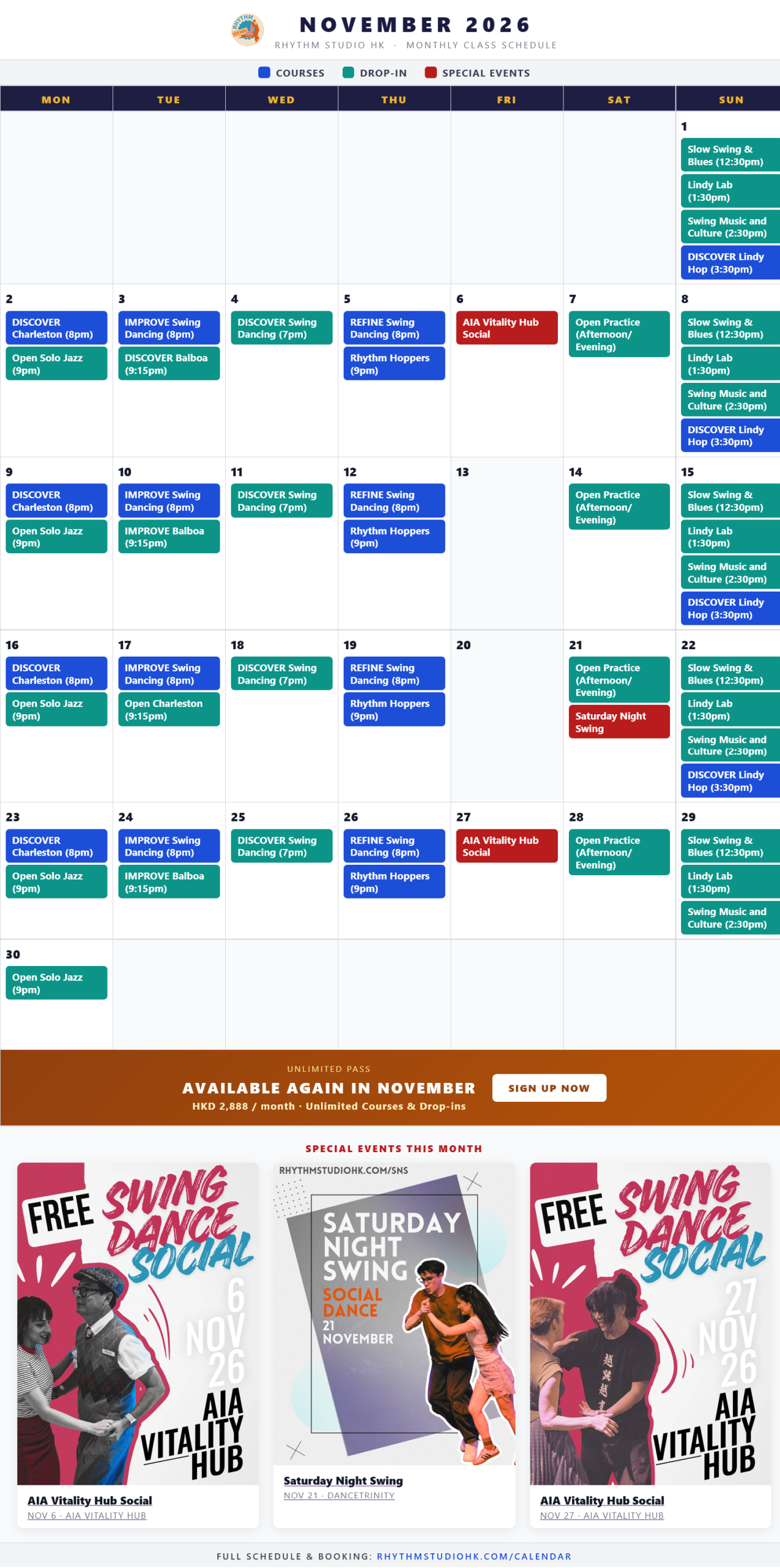 Rhythm Studio November 2026 calendar